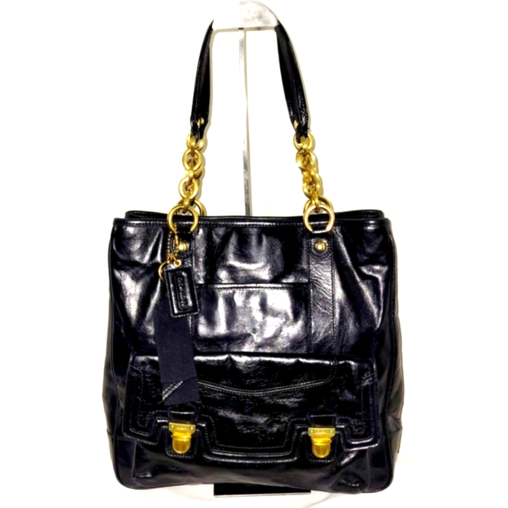 Coach 17924 Poppy Camelia Black Leather Pushlock Tote